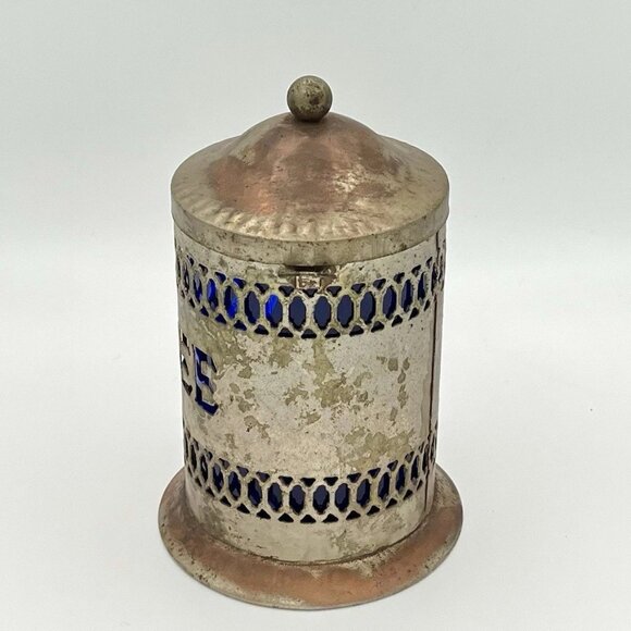 Vintage 50s MCM Silverplate & Cobalt Blue Liner Coffee Canister Art Deco Moorish - Picture 4 of 7